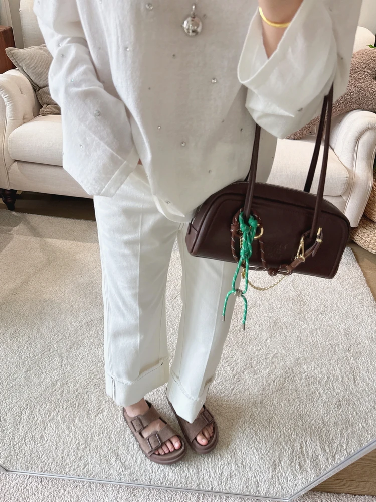 

High Waist Straight Leg Jeans White Slimming Cotton Denim High Waist Flip Flop Zigzag Pattern Fre And Versatile Women's Jeans