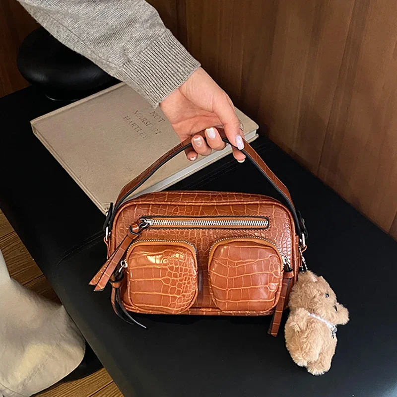 Mehrteilige Umhängetasche mit Krokodilmuster, Damen-Sling-Bag, Messenger-Bag mit Reißverschluss, einfarbige Outdoor-Handtasche – Detail 5