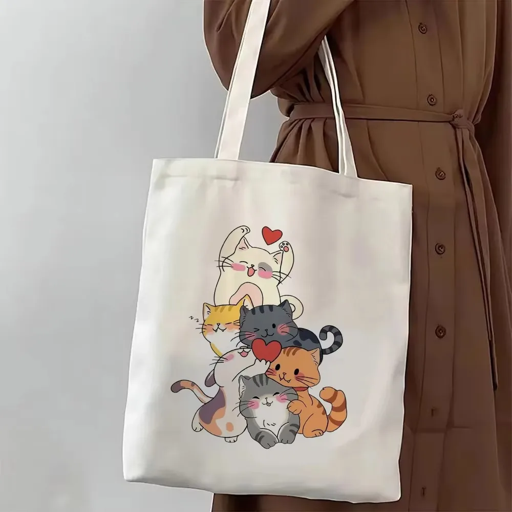 Cute Stacked Cats Canvas Tote Bag Lovely Kitten Heart Print Shoulder Handbag Casual Reusable Shopping Bag for Women