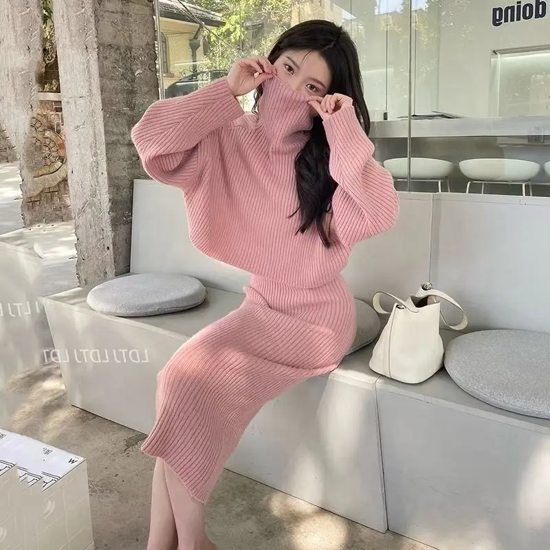 Women's Sets Autumn/Winter New Knitted Sweaters Turtleneck Pullover Suits Fashion Casual Dress   Two Piece Set Q772