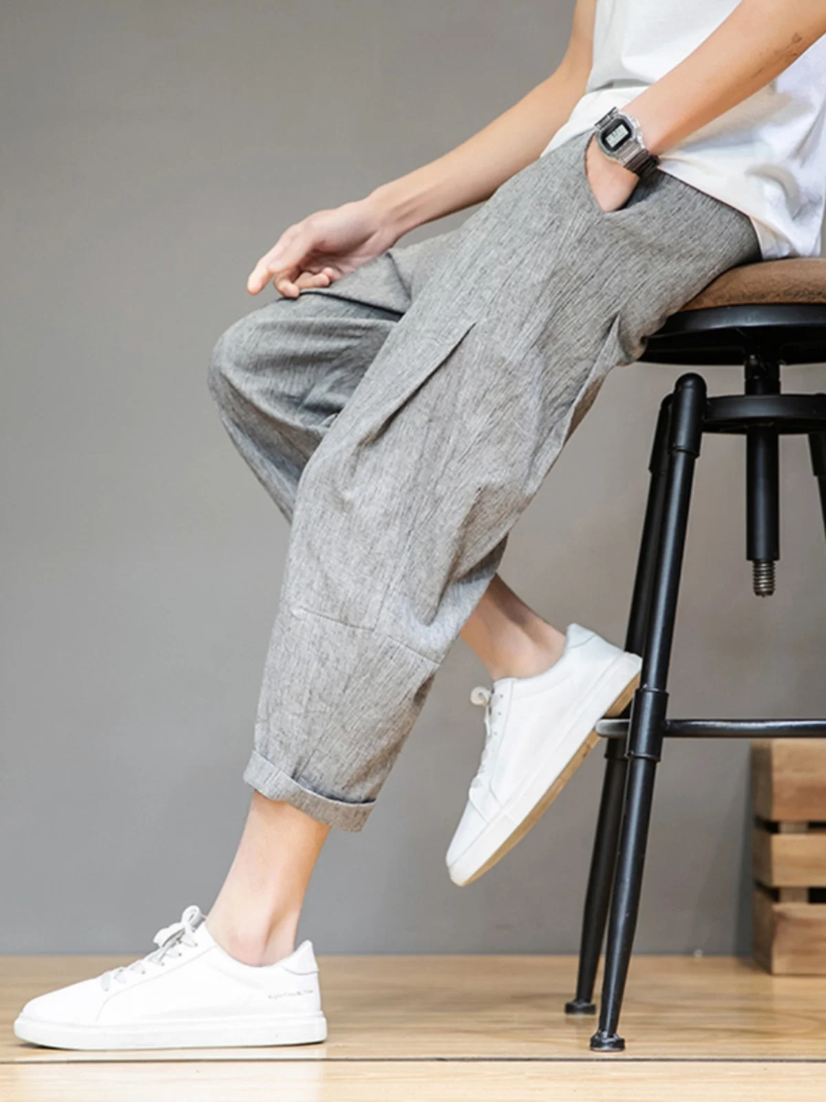 

Мужские летние брюки-карго Slim Fit с прямыми штанинами, корейская версия, укороченные, для похудения, новинка