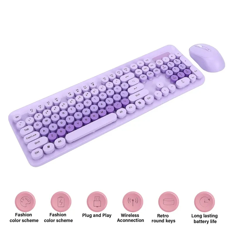 New Wireless Keyboard Wireless Cute Keyboard and Mouse 104 Keys Typewriter  Retro Round Keycaps Keyboard for PC Laptop Desktop