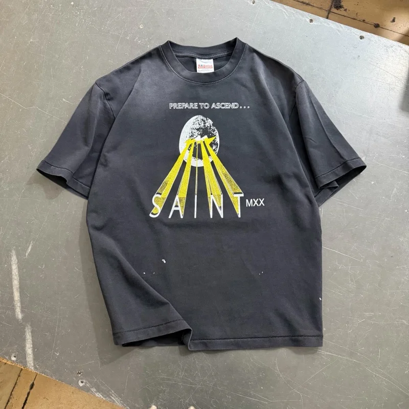 

Saint Washed Vintage T-Shirt Men Women Egg Print Distressed Oversize Cotton Crew Neck Streetwear