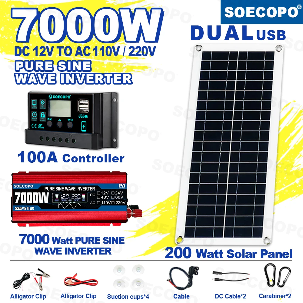 

SOECOPO 7000W Full Portable Solar System Kit 200W Panel Pure Sine Wave Inverter (12V To 110V/220V) 100A Controller camping