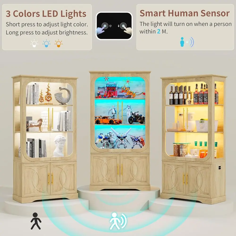 69 Oak 5-Tier LED-Lit Glass Display Cabinet with Human Body Sensor for Living Room view 3