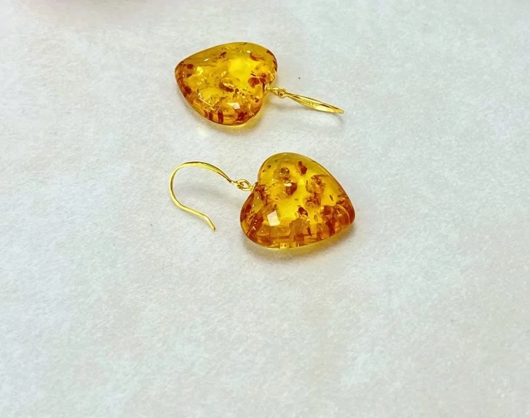 Certificate 925 Silver Natural Piebald Amber Heart Ear Hook Romantic Oversize Gemstone Love Drop Hoop Earring Women Fine Jewelry