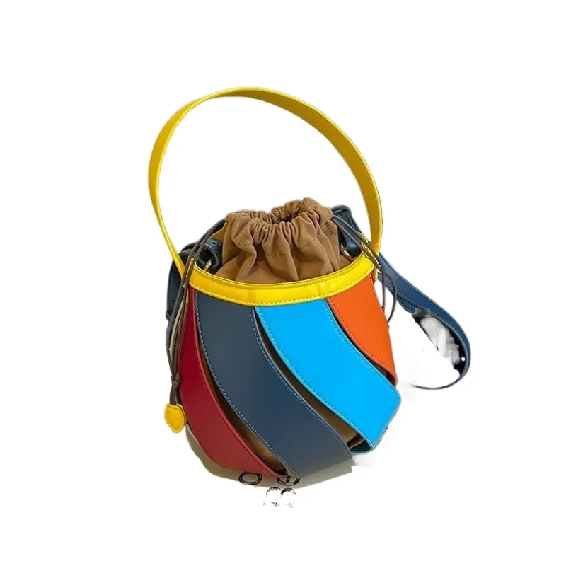 

Niche Design Rainbow Portable Bucket Bag Foreign Style Splicing Geometric Fashion Sense Messenger Bag Exquisite Simple Casual