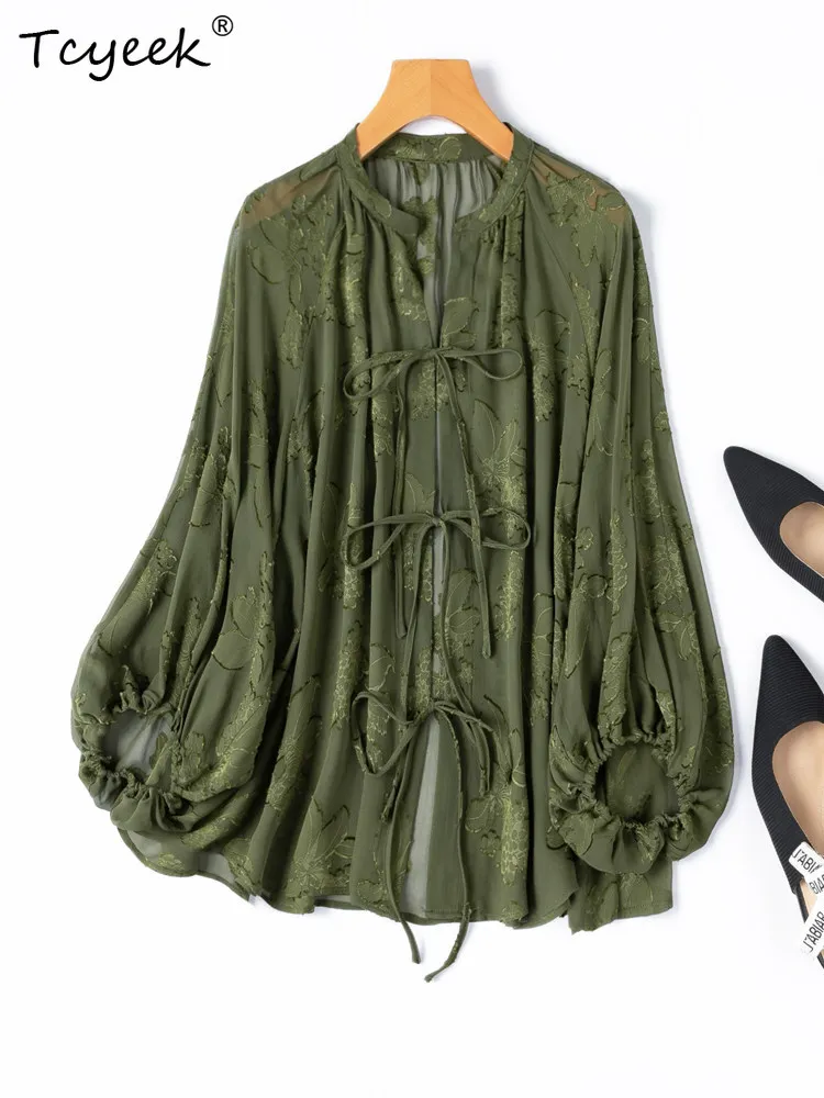 

Tcyeek 100% Real Mulberry Silk Womens Shirt Elegant Shirts for Women Fashion Summer Clothes Loose Fit Tops 2026 Lace-up Camisa