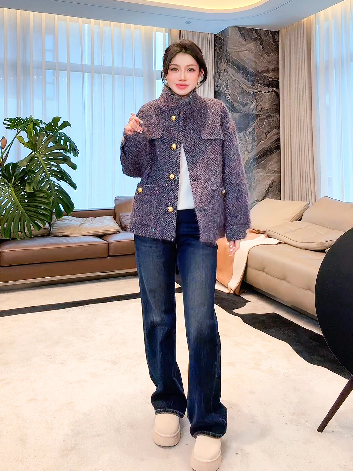 

Пуховик из белого гусиного пуха Thi Tweed Down Jaet ME【Пуховик из гусиного пуха серии Feather Series Evening Meteor 95】Повседневное свободное пальто для женщин на зиму