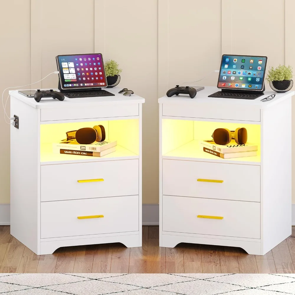 LED Nightstand Set of 2 with 3 Drawers, USB-C Port, Charging Station, Lockable Gun Drawer, Auto Sensor Light, LED Nightstand