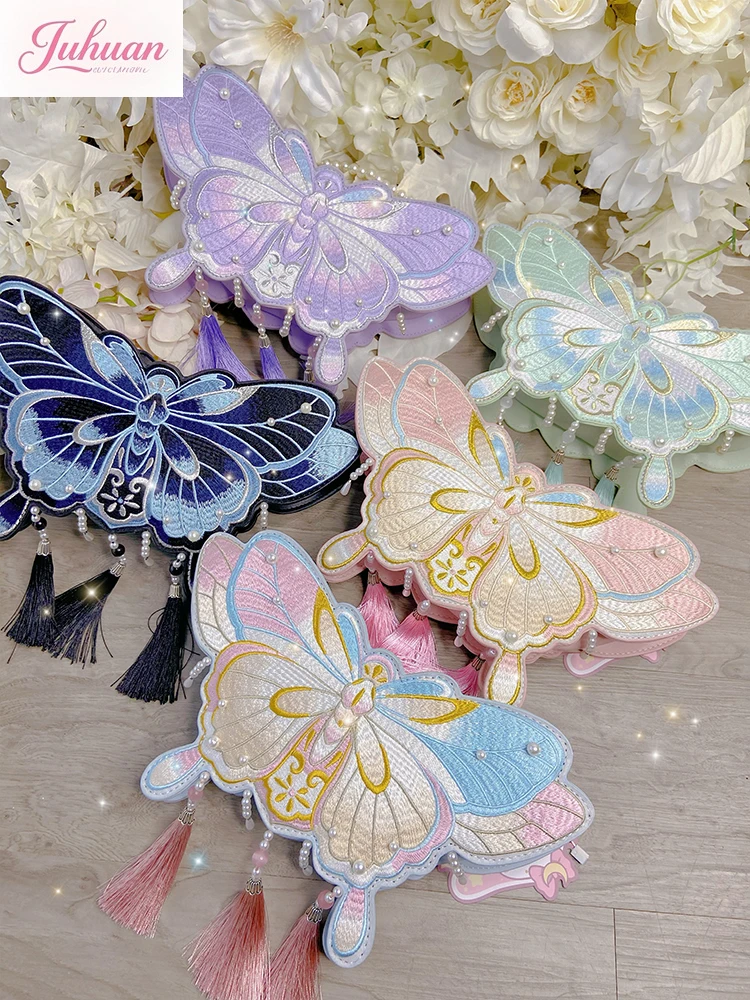 

Original butterfly Chinese style lolita hanfu bag women butterfly pearl embroidery fringed pendant handheld oblique span bag