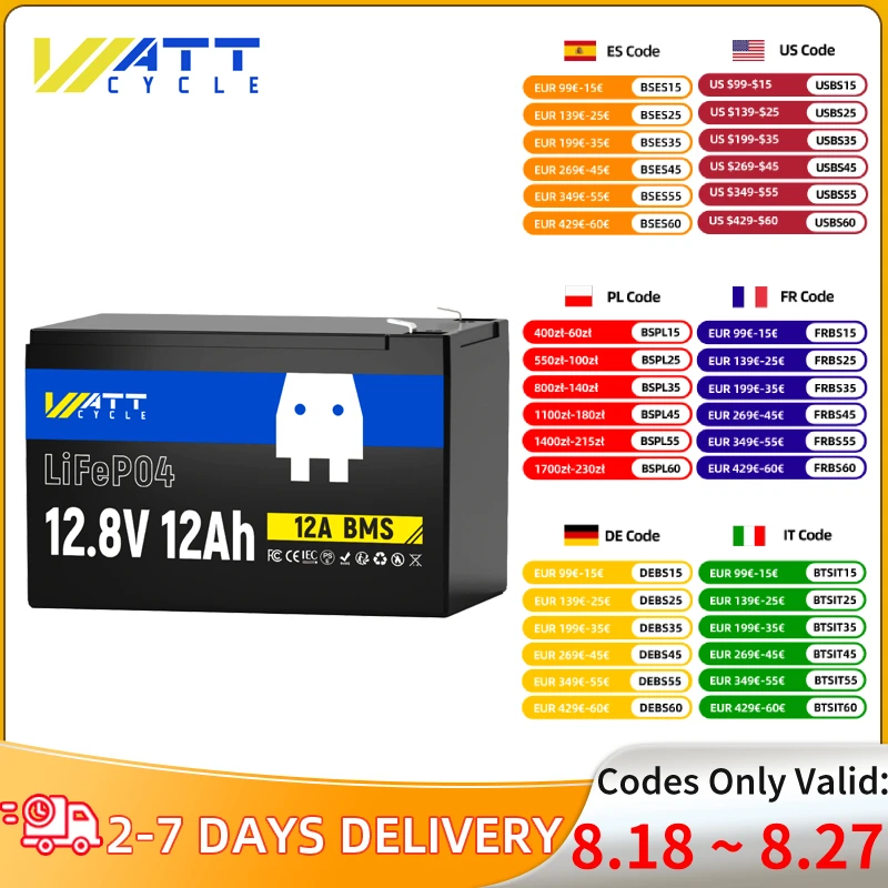 

Wattcycle Lithium Iron Phosphate Battery 12V 12Ah Low-temp Protection Rechargeable Home Energy Storage LiFePO4 Battery Pack