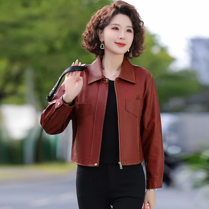 Jaqueta de couro fina feminina, gola alta, costura com zíper, casaco monocromático, roupas da moda