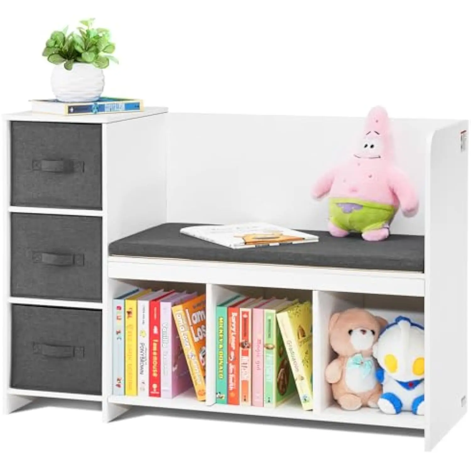 Kids Reading Nook Bench, Toddler Bookshelf and Bookcase with Detachable Seat Cushion, 6-Cubby Storage Organizer Bench with 3 D