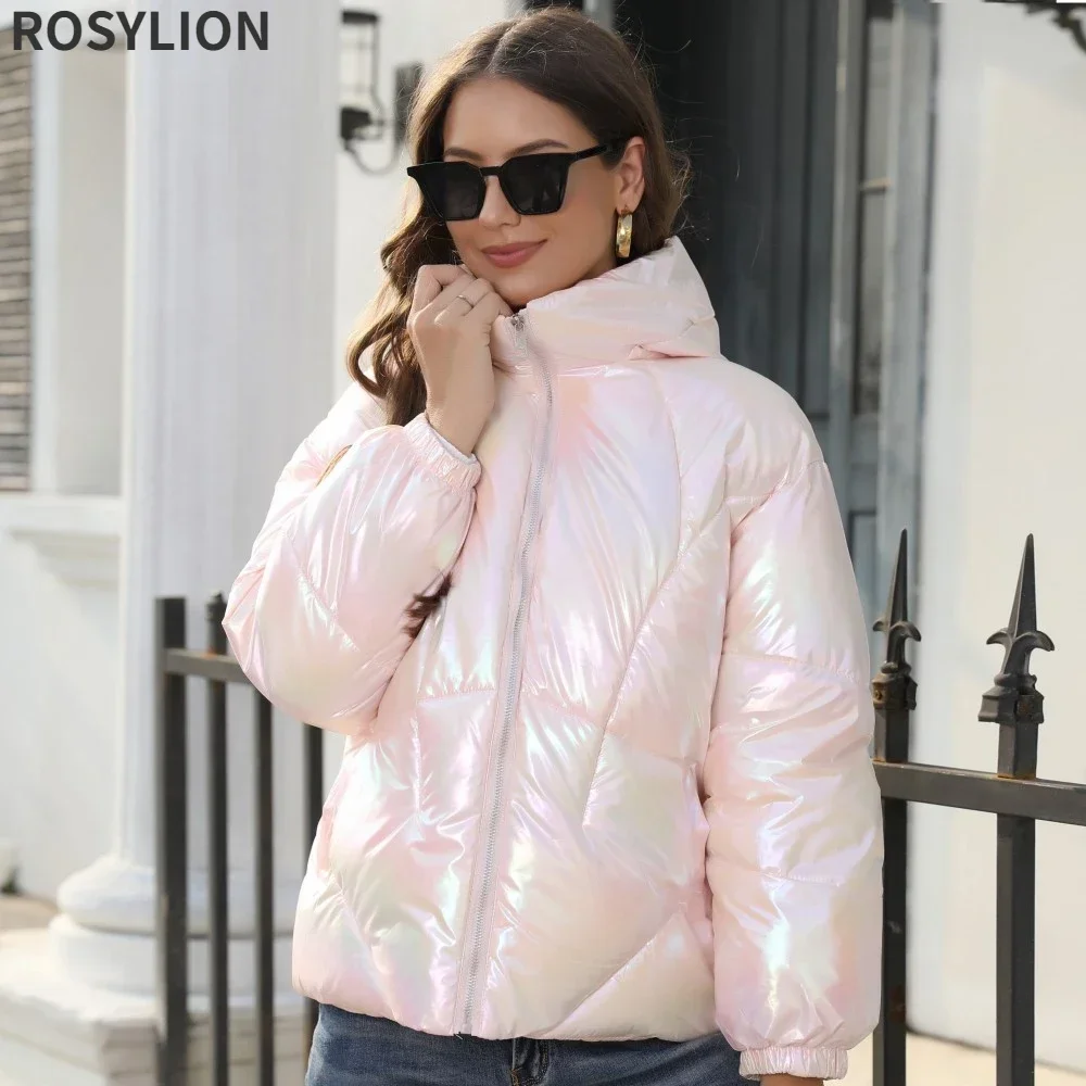 Ladies Winter Fashion Shiny Cotton Coat Hooded Puffy Bread Jacket Women Purple Blue Colorful Warm Loose Parkas Streetwear S-XXL