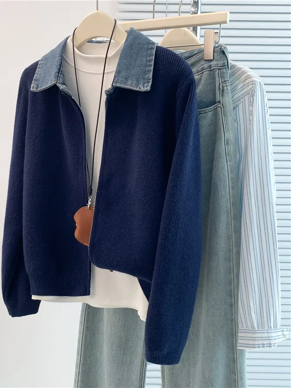 Coréen japonais haut de gamme Denim Patchwork pull Jaet grande taille Ele Double fermeture éclair tricoté irt décontracté coupe ample