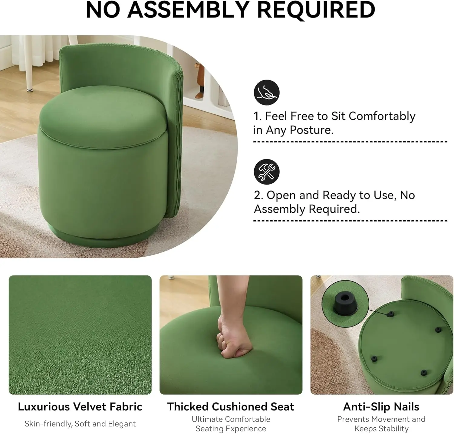 수납공간이 있는 벨벳 화장대 의자, 360 °   회전식, 웨이브 백, 녹색, 조립 불필요, 침실 또는 거실용 소형 스툴