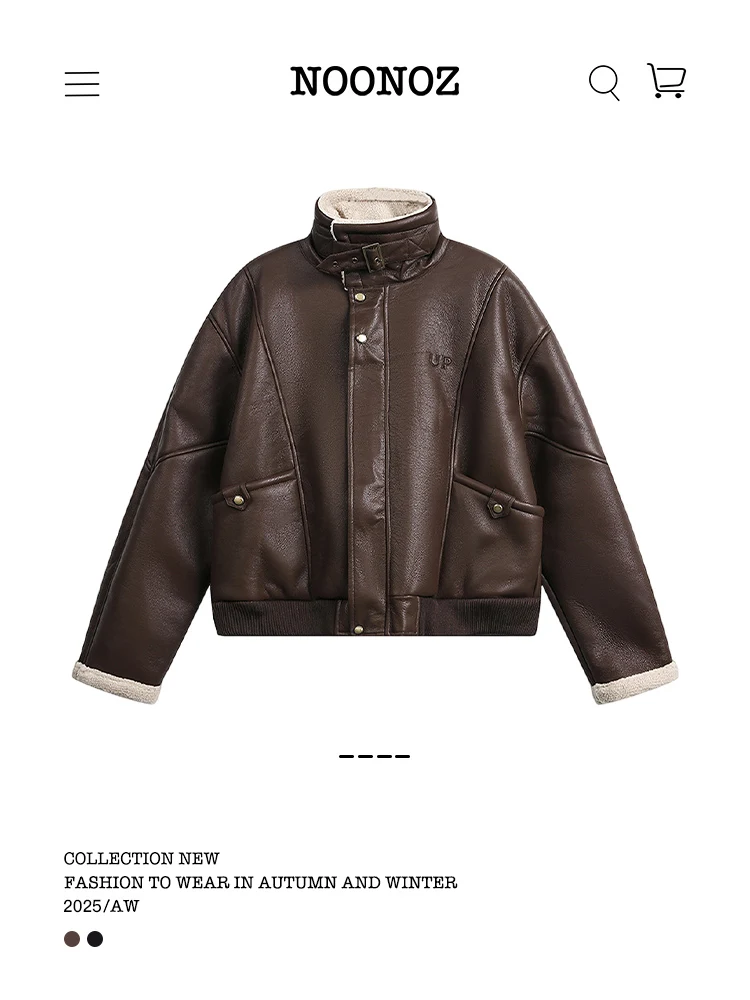 

Noonoz Winter Thiened PU Leather Fur Inteated Motorcycle Sle Men's Cotton Jaet American Retro Neutral Thiened Motor...