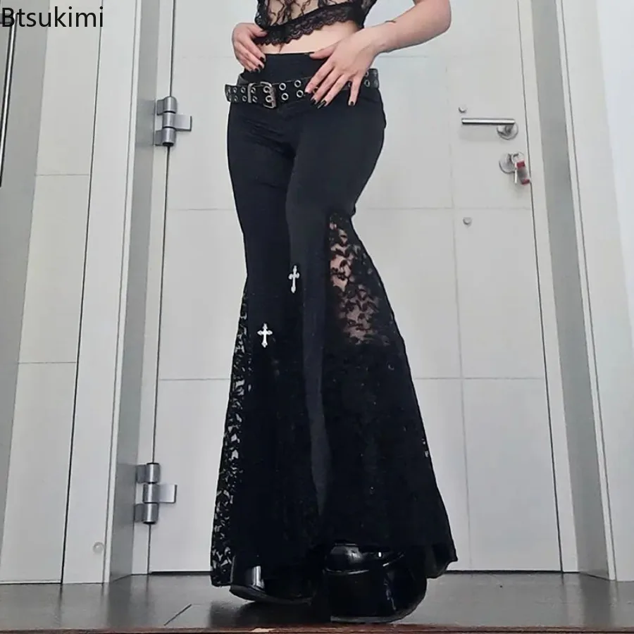 

2026 Women's Summer Gothic Pants Y2K Black Lace Mesh Flared Pants Sexy Aesthetic See Through Long Trousers Vintage Pants Female