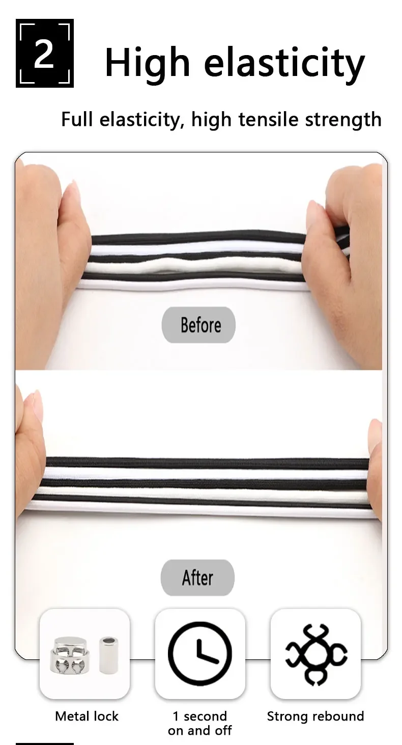 1 Pair Elastic Shoelaces for Sneakers No Tie Shoe Laces Metal Lock Quickly Put on And Take Off Lazy Shoes Lace Round Rubber Band