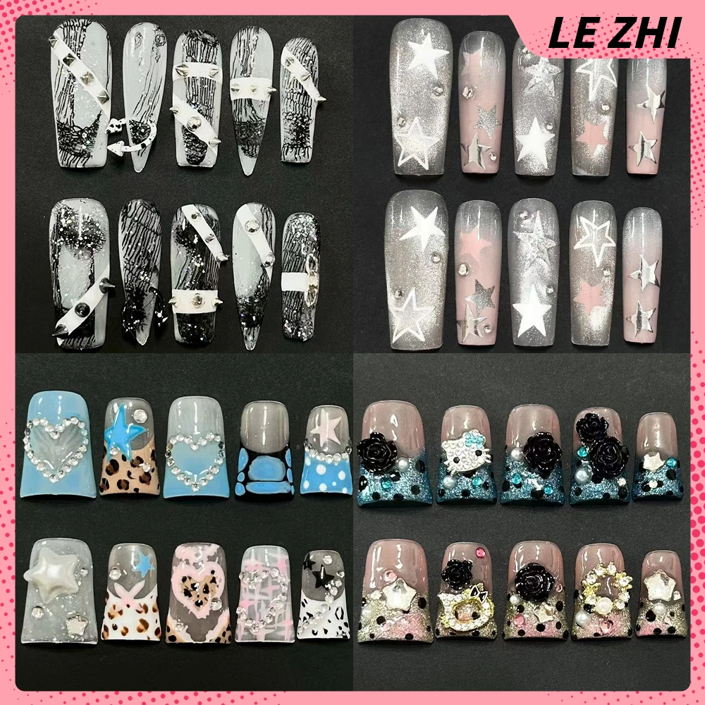 

Spicy Girl Long Coffin Duckbill Handmade Reusable Fake Nail Hellokitty Shining Stars Diamond French Leopard Print Press On Nail
