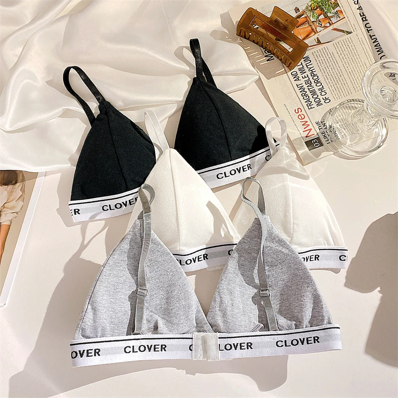 FINETOO Women Cotton Triangle Cups Bra Sexy Deep V Padded Brassiere Female Small Size Underwear Letter Push Up Lingerie Bralette