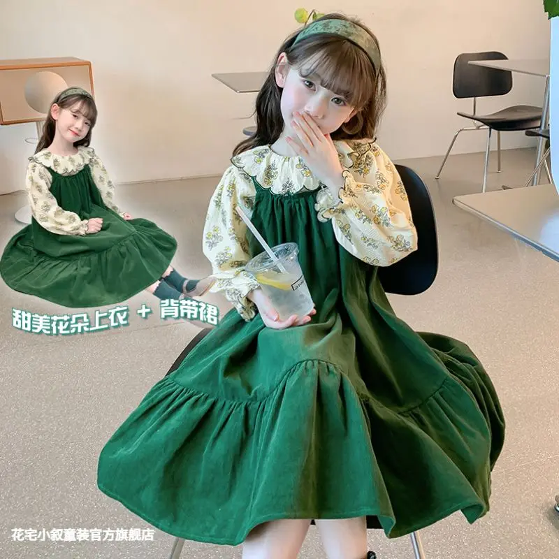 

Girls Princess Clothes Spring Autumn Children Lapel A-Line Party Dress Kids Foral Shirt+Green Sundress Pastoral Elegant Skirt