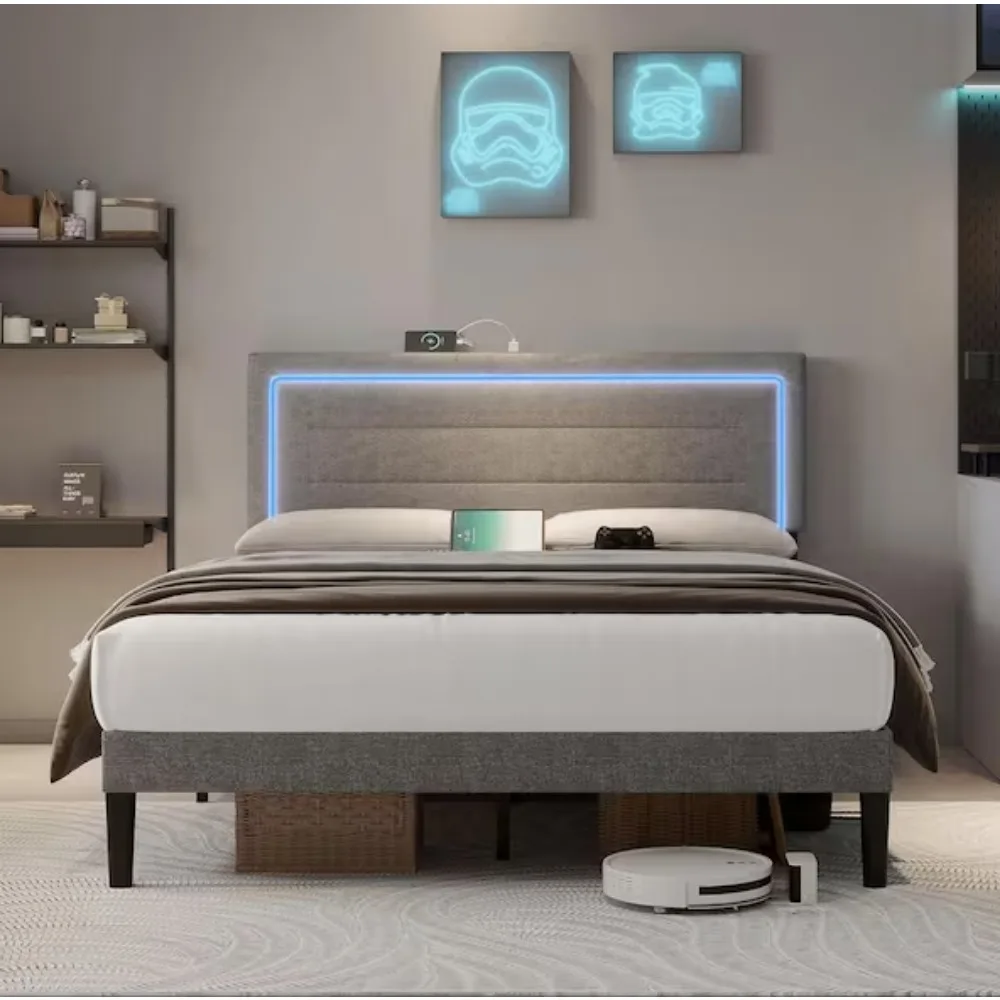 Gray Metal Frame Queen Platform Bed with LED Lights, Charging Station, No Box Spring Needed, Noise Free, Easy Assembly