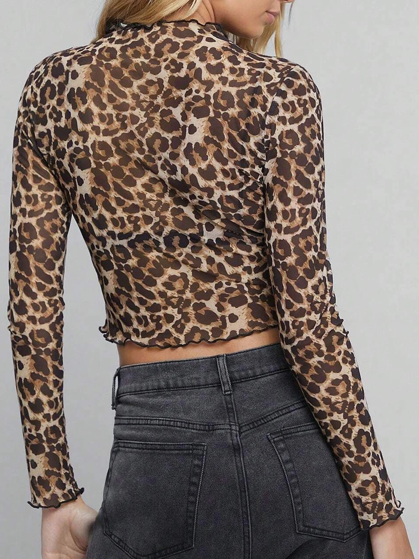 2025年 欧米風 クロスボーダー 新スタイル エレガント レディース メッシュ レオパード柄 スタンドカラー 長袖 ショート丈Tシャツ