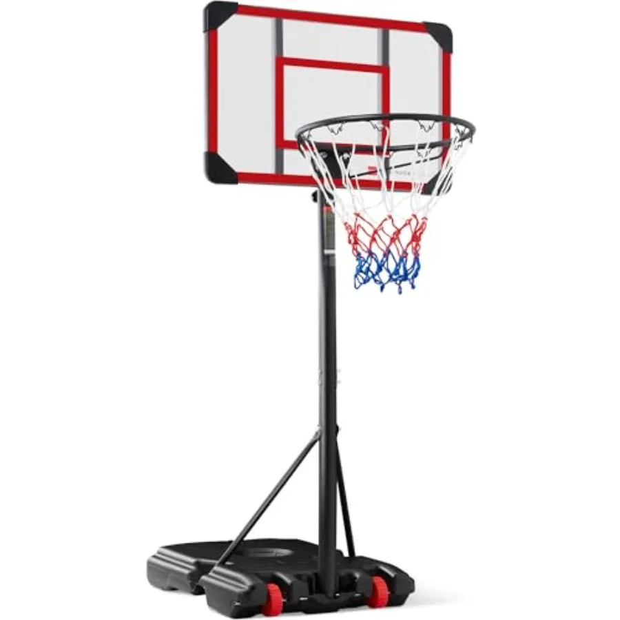 height-adjustable basketball hoop system for outdoor play, durable steel frame, red and blue color, portable with wheels and fi