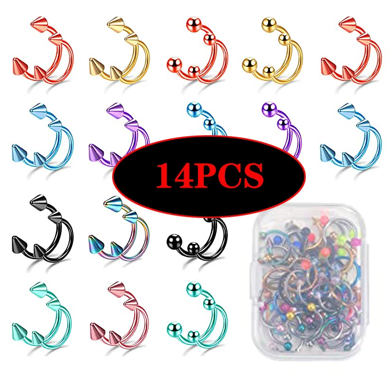 14 قطعة خاتم للأنف من الاستانلس استيل هوب الحاجز خواتم الشفاه ترصيع الأنف أقراط الزنمة الأذن الشفاه وهمية ثقب حدوة الحصان مجوهرات للجسم