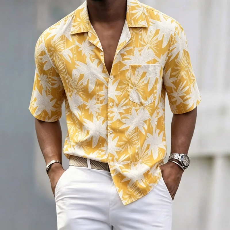 Herren Vintage Hemd mit Blätterdruck, Lässiges Hawaii-Hemd mit Knöpfen, Sommerliches Gelbes Naturdruck-Hemd für Männer Arbeitskleidung