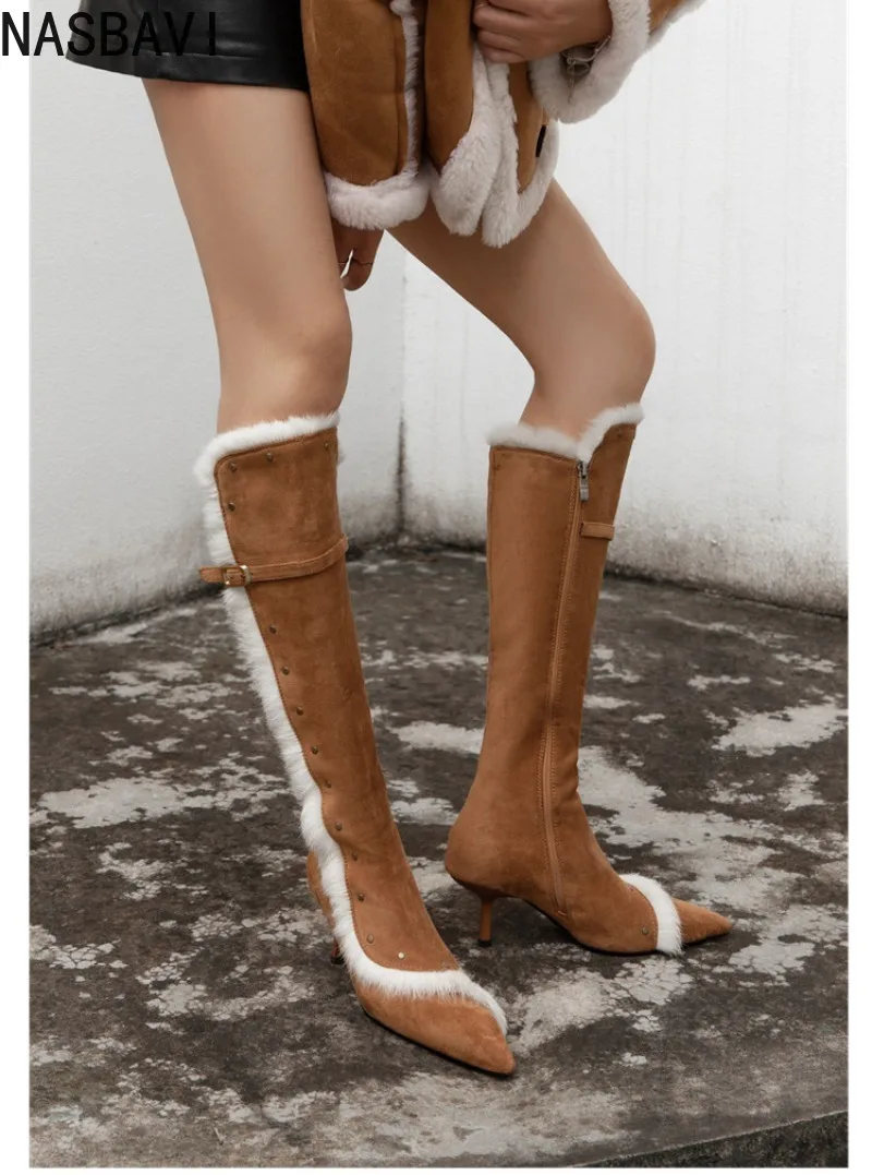 Sepatu Bot Wanita Musim Dingin Bahan Suede Cokelat, Ujung Runcing, Bulu Kelinci, Setengah Paha, Hak Tinggi, Sepatu Salju, Ritsleting Samping, Tali Tipis Hitam, Gesper, Botine