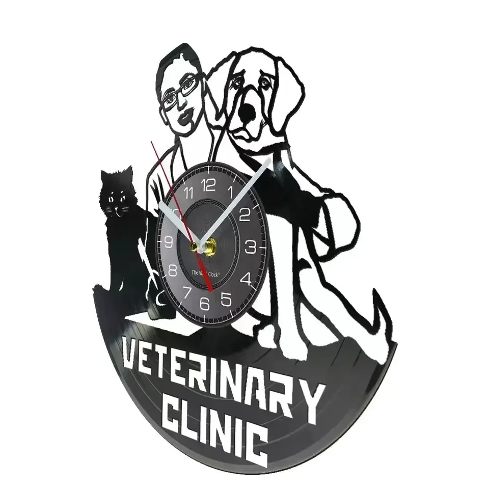 Dog and Cat Animal Hospital Vinyl Record Wall Clock Pet Clinic Decoration Wall Clock Veterinary Decoration Art Gift Wall Watch