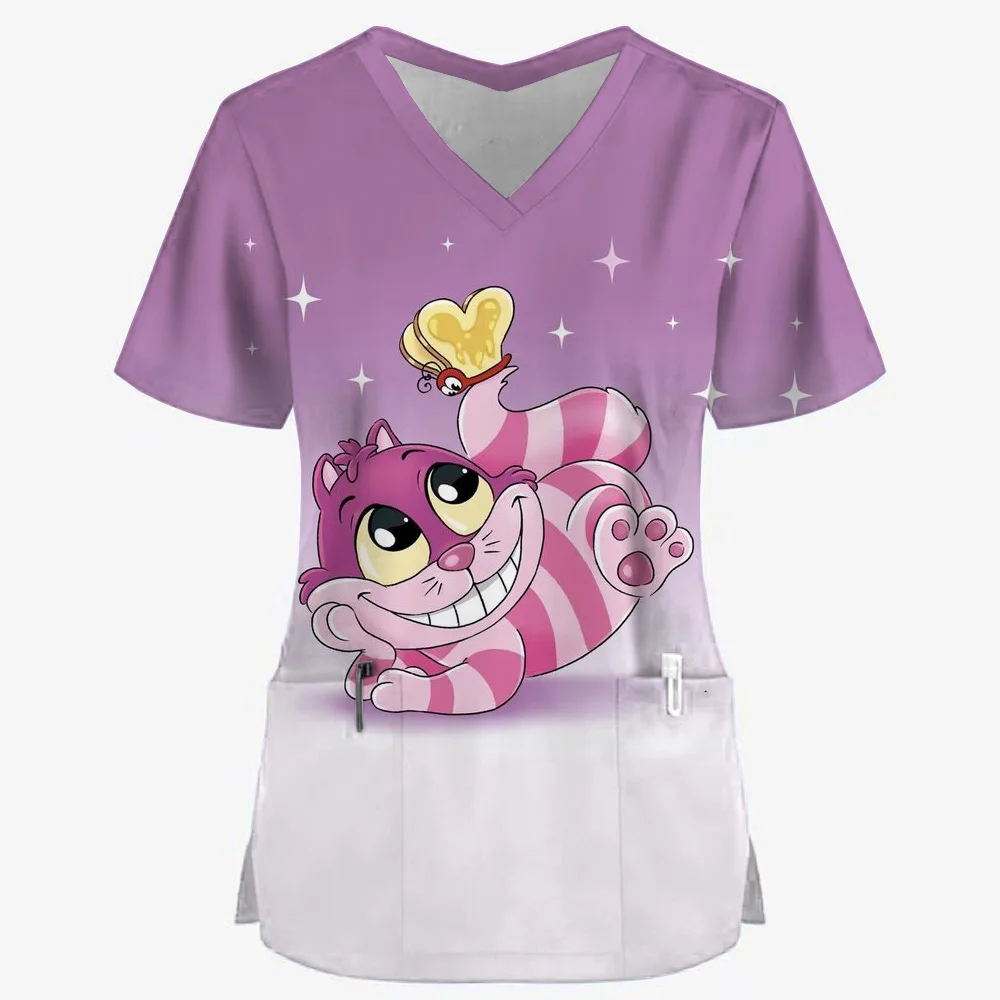 Summer Women's Clothing Disney Cheshire Cat Short Sleeved V-Neck Fashion Frosted Tops Uniform Short Sleeve Doctor Nurse New ﻿