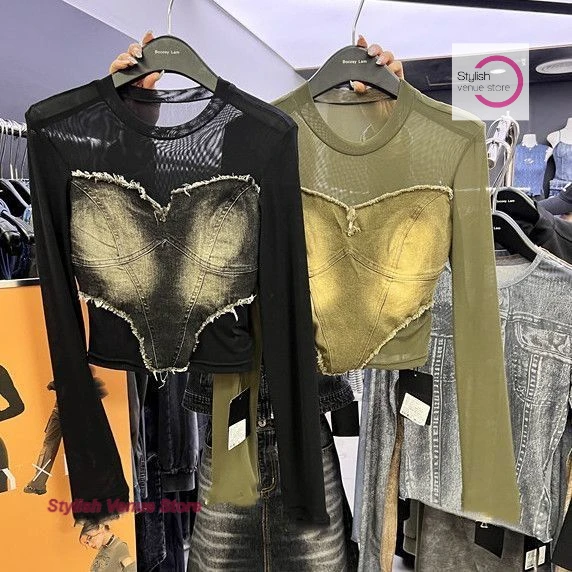 

American retro sense irregular design denim mesh stitching long sleeve T-shirt women's summer new fashion bottoming shirt top.