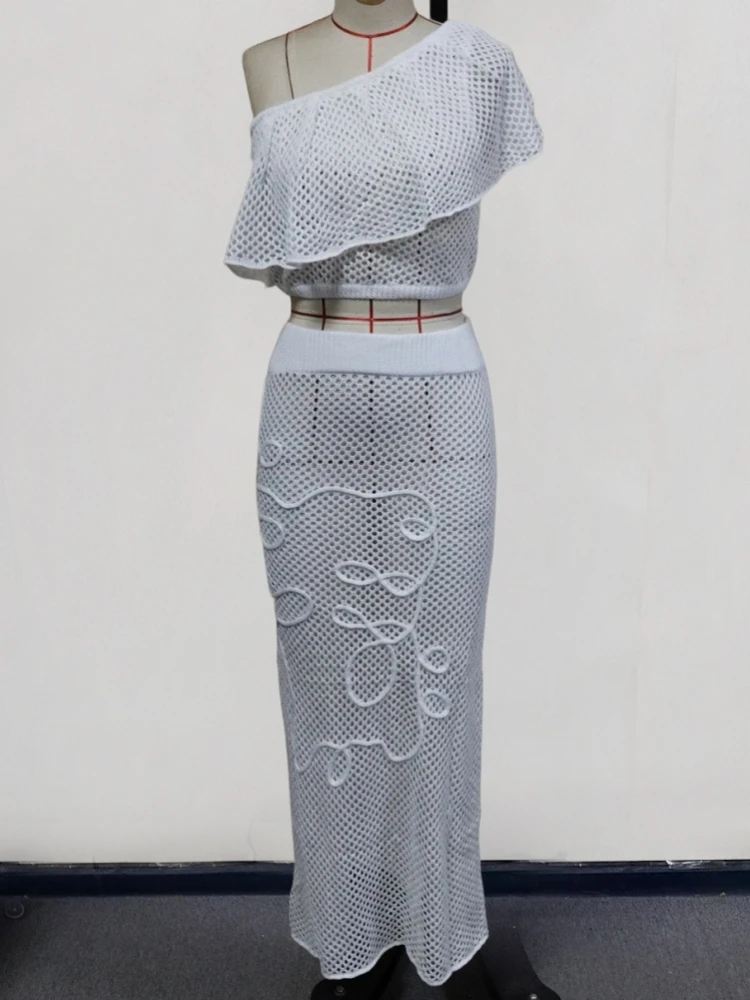 

Сплошной цвет, сексуальная пляжная одежда, купальник, вязаный комплект из двух предметов, 2026, летний женский комплект с длинной юбкой на шнуровке и большим одним рукавом