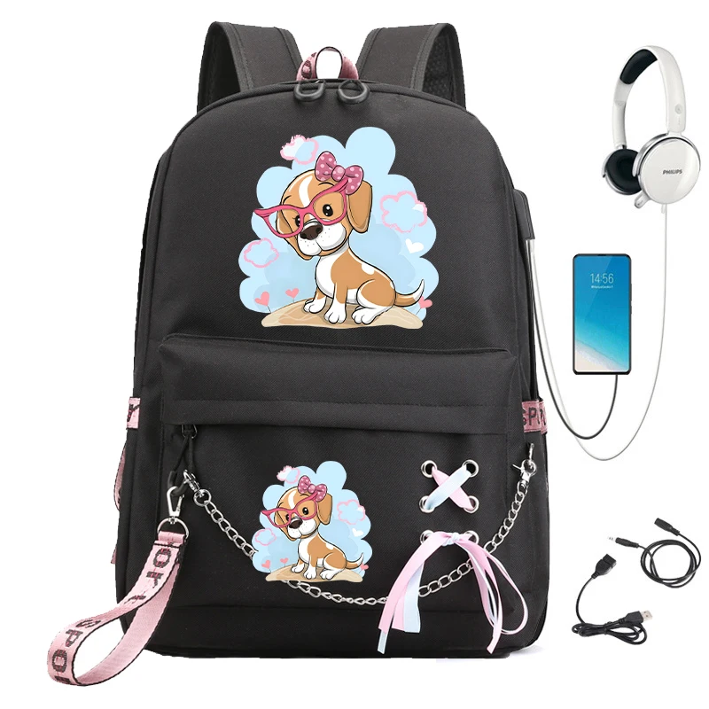 Cartoon Dog Beagle Bolsa de Escola para Mulheres, Mochila Kawaii para Estudantes Universitários, Mochila de Carregamento USB para Adolescentes Meninas