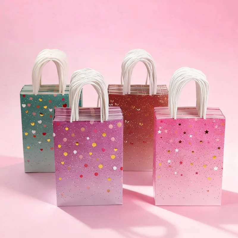 Bunte Kleine Kraftpapier-Ostergeschenktüten, Grün/Braun/Rosa/Lila, Goldfolie Herz Schleife Stern Ballon - für Partyfavors, Geburtstag