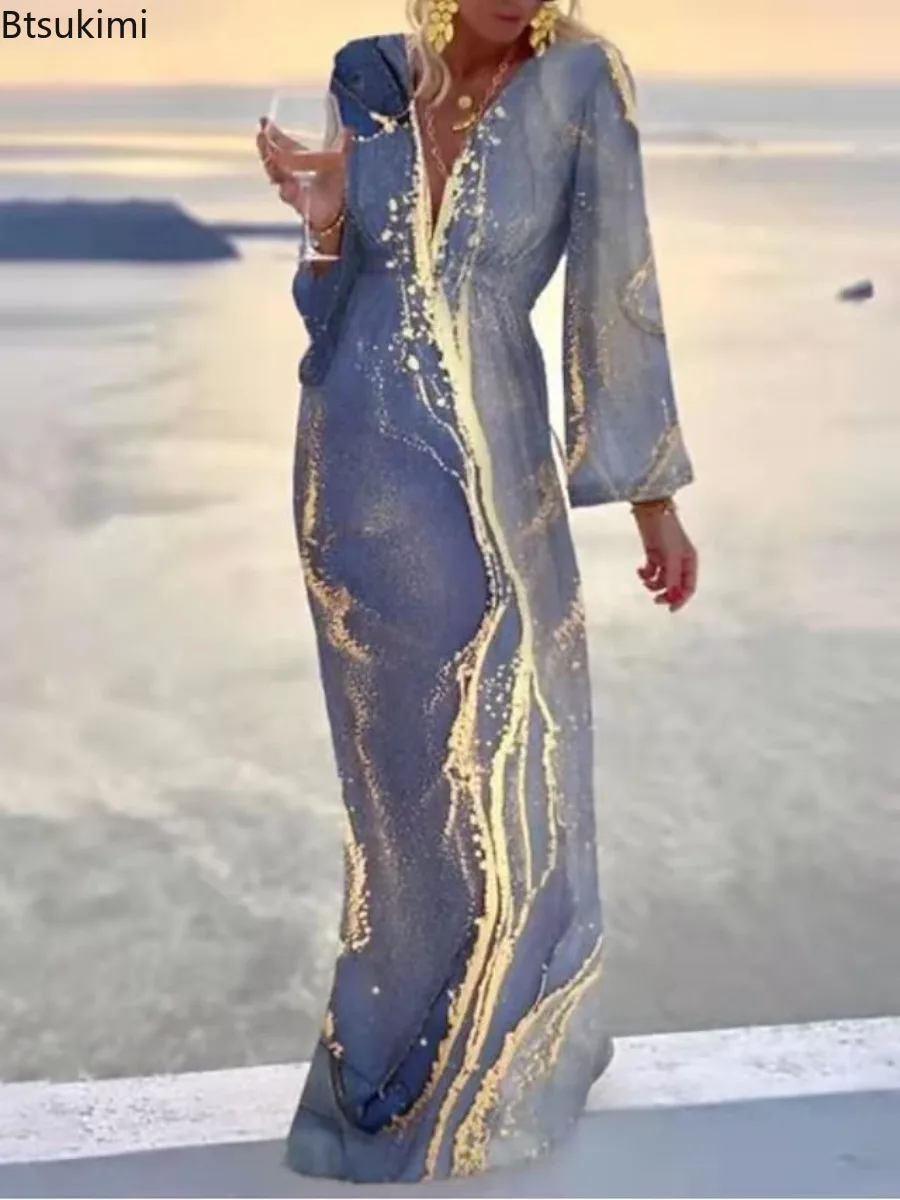 2025 Women Sequin Long Sleeve V-neck Maxi Dresses Vintage Elegant Loose Robe Party Beach Holiday Dress Sexy Temperament Vestidos