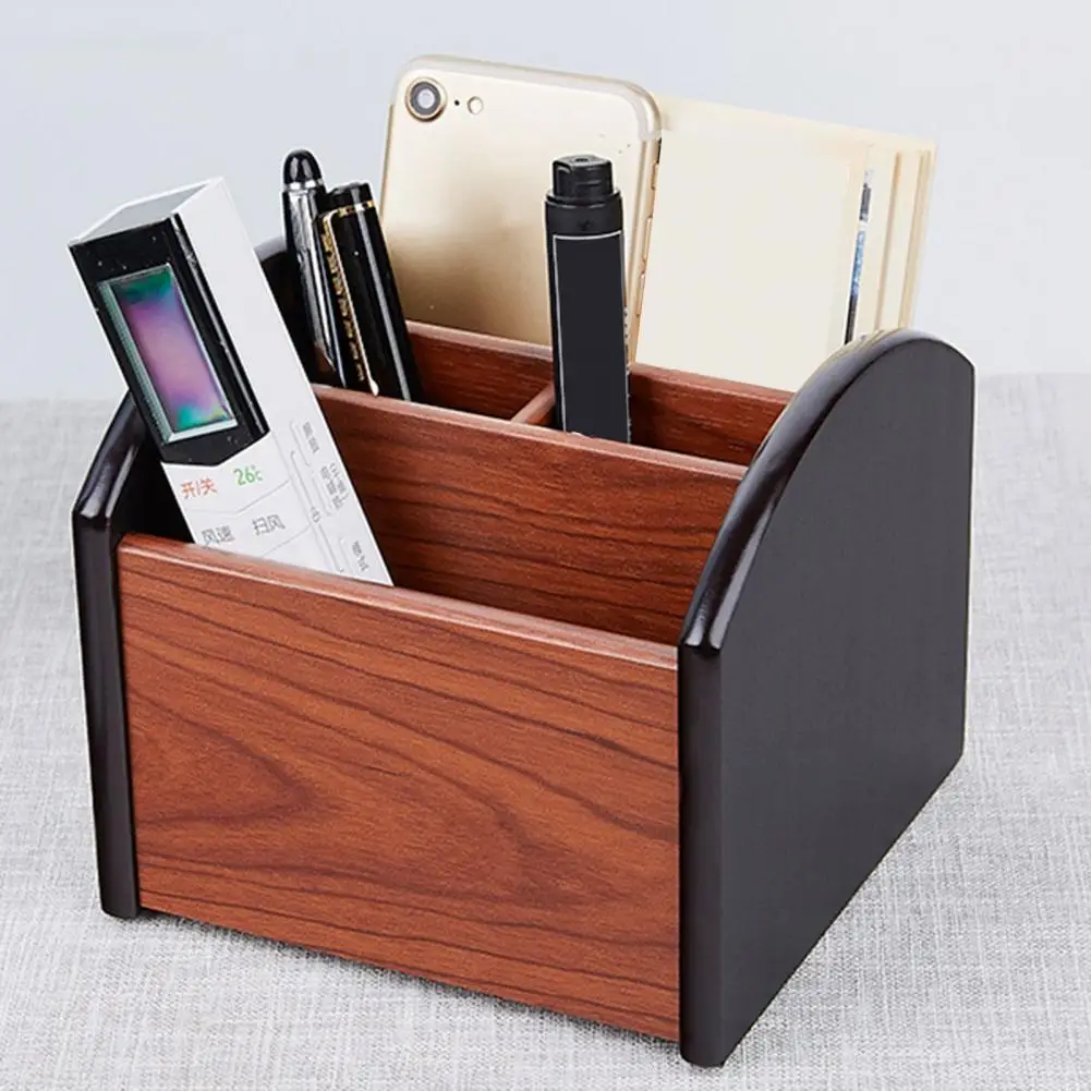Rotating Desktop Organizer Wooden Desktop Storage Box with 4 Compartments 360 Degree Rotation Capacity Organizer for Remote