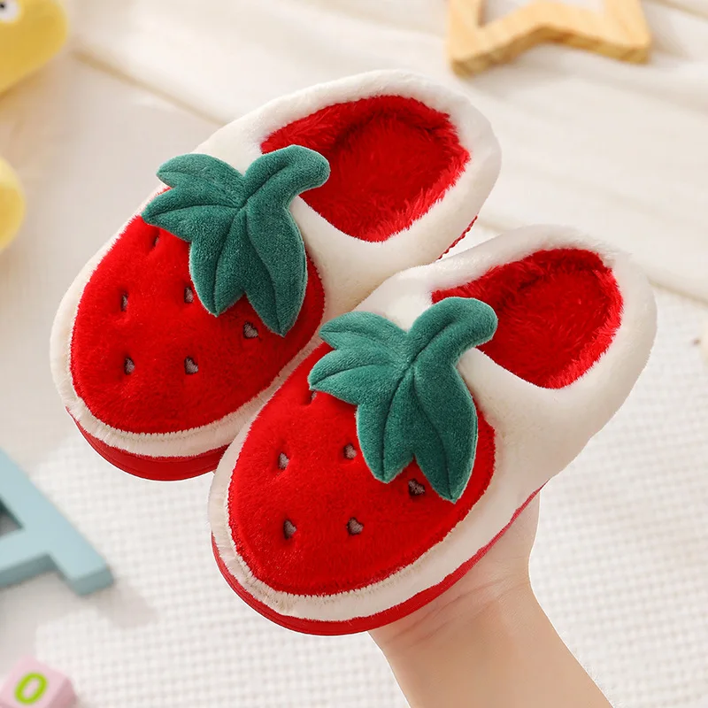 2021 Ins New Baby Home Slippers Girls Cartoon Shoes Winter Kids Indoor Slippers Baby Warm Faux Fur Child House Fruit Cute Party