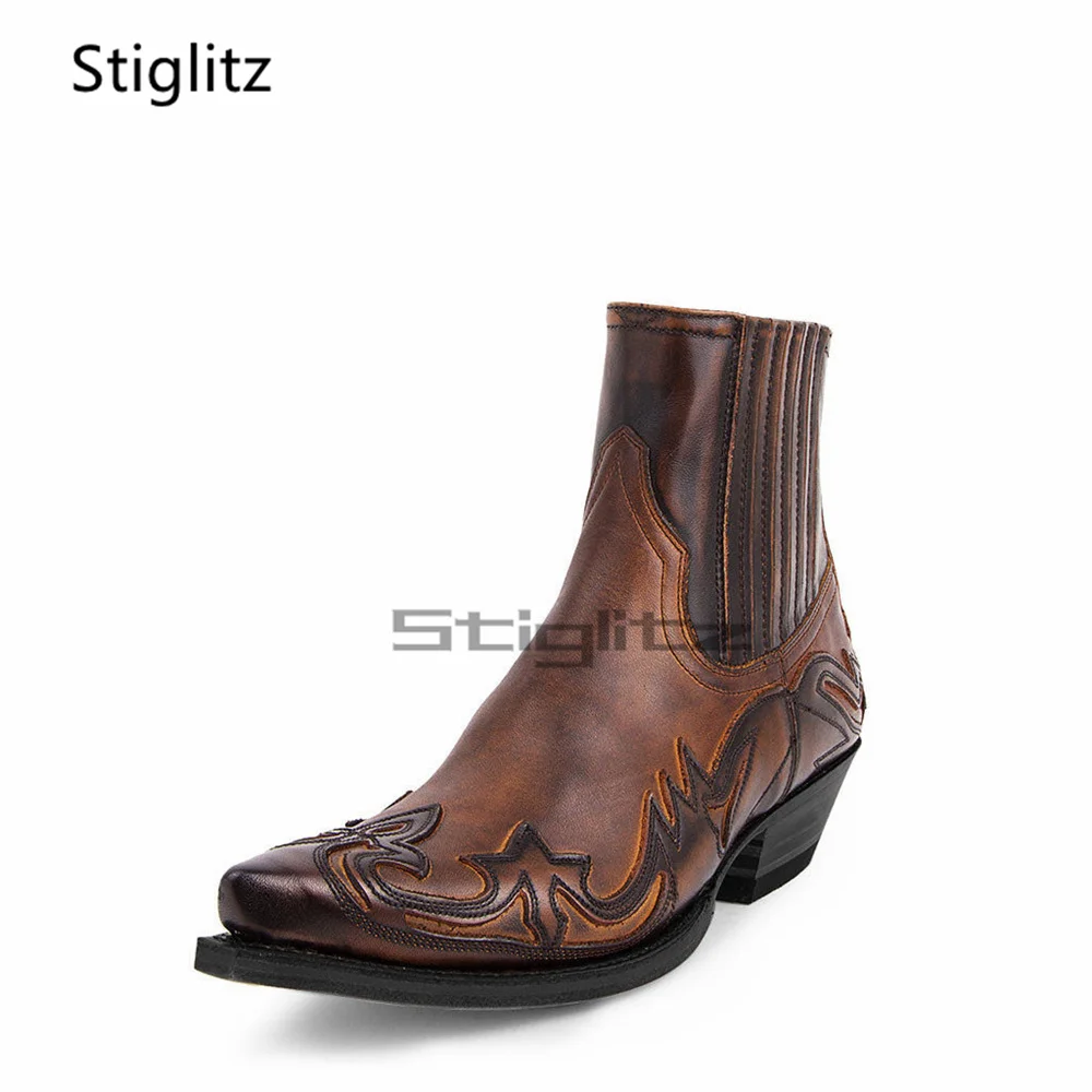 Embroidered Cowboy Boots for Men Casual Retro Distressed Painted Pointed-Toe High-Heeled Mid-Calf Weastern Boots Unisex Shoes