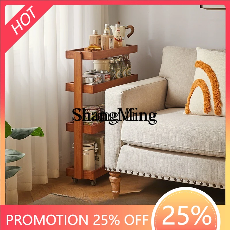 SM wood rack ultra-narrow slit belt wheel movable sofa side few living room multi-layer storage rack