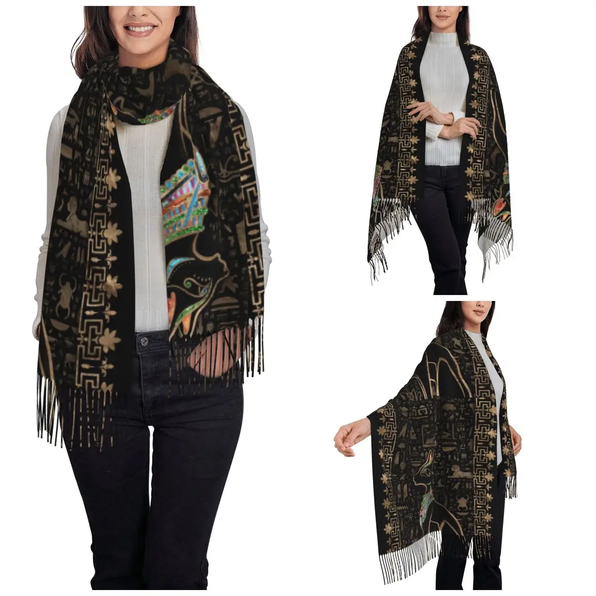 Womens Tassel Scarf Egyptian Cat Long Super Soft Shawl Wrap Ancient Egypt Hieroglyphs Gifts Cashmere Scarf