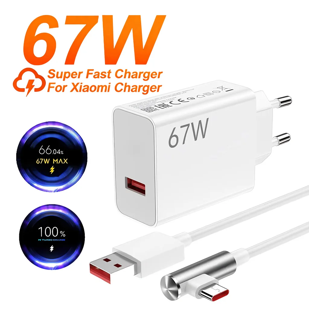 

Быстрое зарядное устройство 6A 67W Turbo EU для Xiaomi 11 12 13 14 15 Redmi Note 11T 12T 13 POCO X4 X5 X6 с кабелем Type-C для быстрой зарядки и угловым разъемом