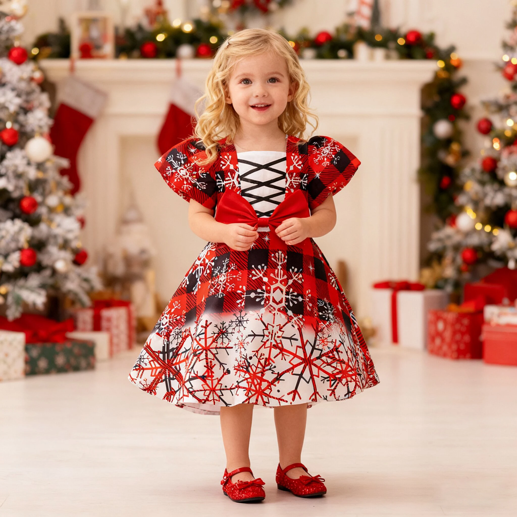

Вечернее платье со снежинками и рождественским принтом для маленьких девочек, платья для маленьких девочек с большим бантом на день рождения, выпускной, нарядные костюмы Санта-Клауса для девочек