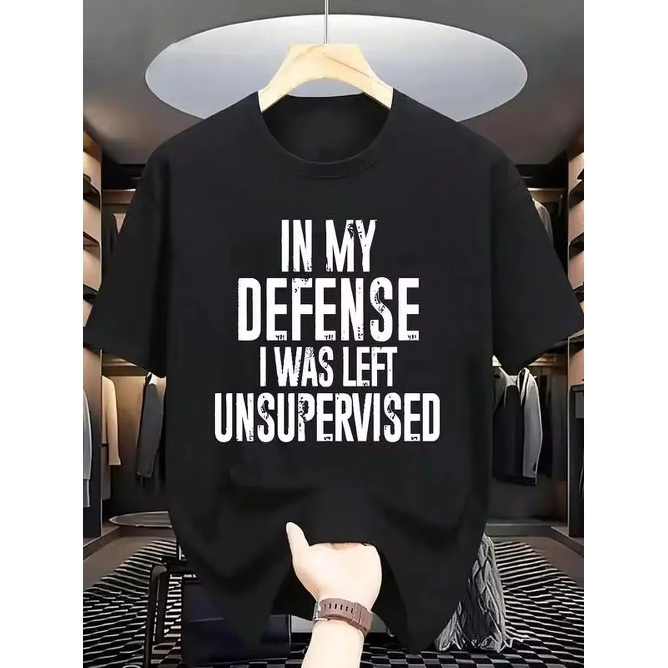 Personalized Slogan Crew Neck-Shirt: 'IN MY DEFENSE I WAS LEFT UNSUPERVISED' Stylish And Simple Men'S Clothing A Must- Unisex Cotton Vintage Graphic