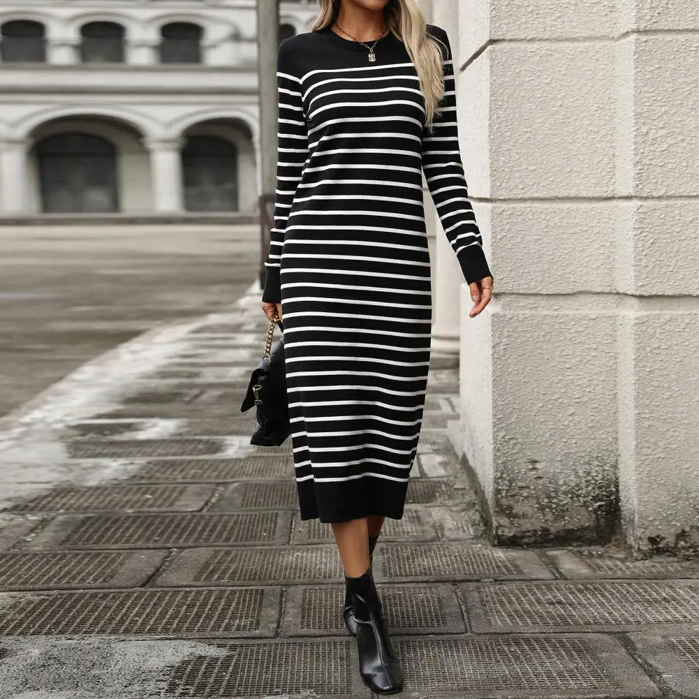 Shopping Dress Elegant Striped Print Midi Dress for Women Slim Fit Long Sleeves Knit Dress for Fall Spring Commuting or Dating