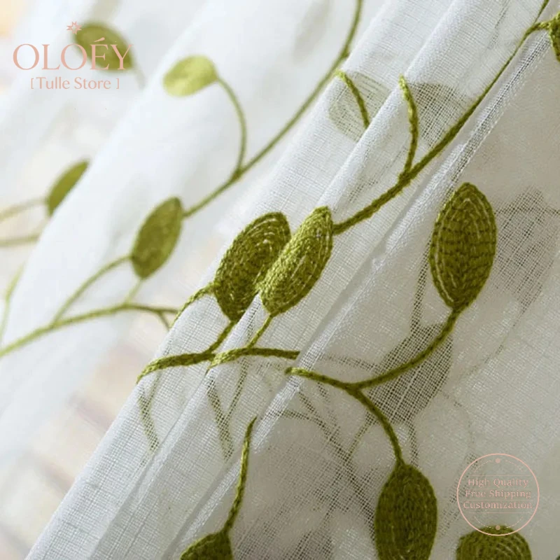 

Leaf Embroidery Sheer Curtains for Kitchen Green Linen Voile Balcony Window Rustic Partition Door Drape Varn Custom Made Decor